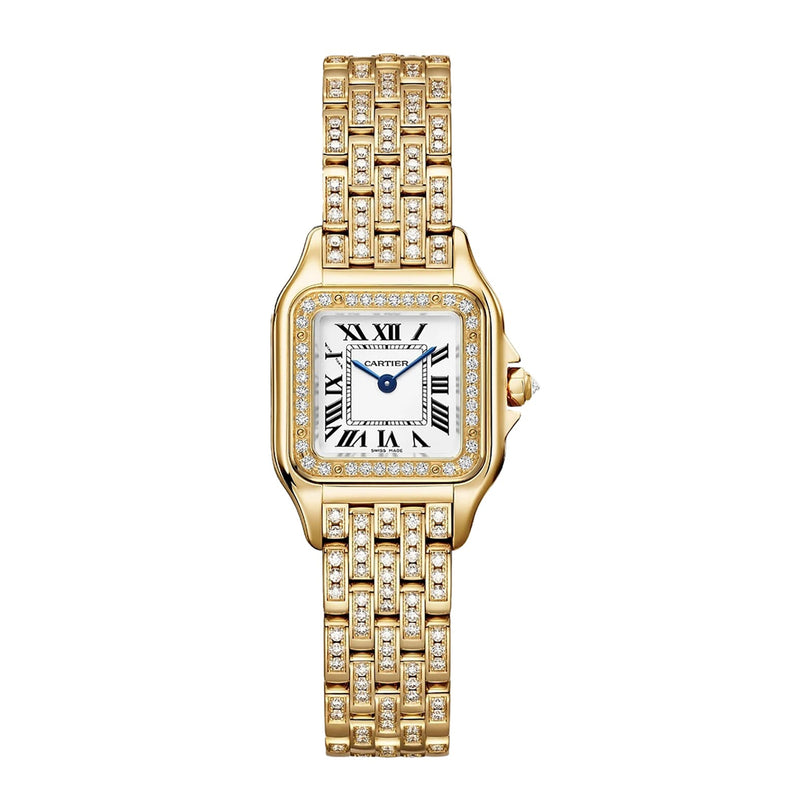 The Panthère De Cartier Watch by Cartier features 18K yellow gold, a square face, Roman numerals, blue hands, and a diamond-encrusted bezel and bracelet for a luxurious finish.