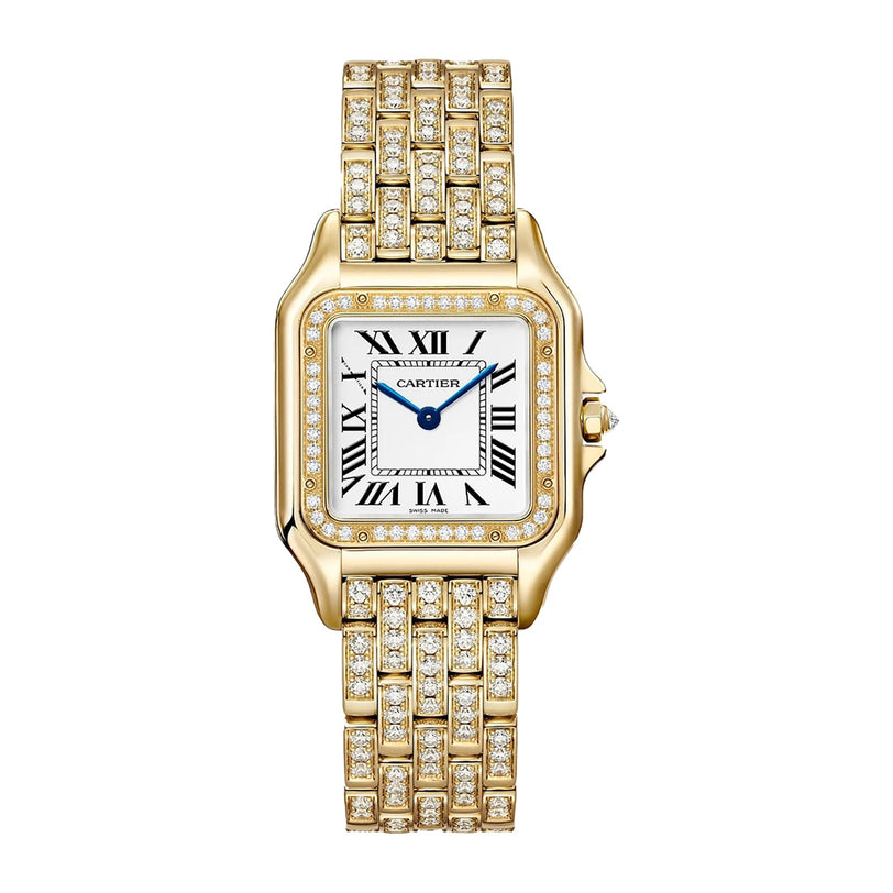 The Panthère De Cartier Watch by Cartier features a square face, Roman numerals, blue hands, and an 18K yellow gold diamond-encrusted band.