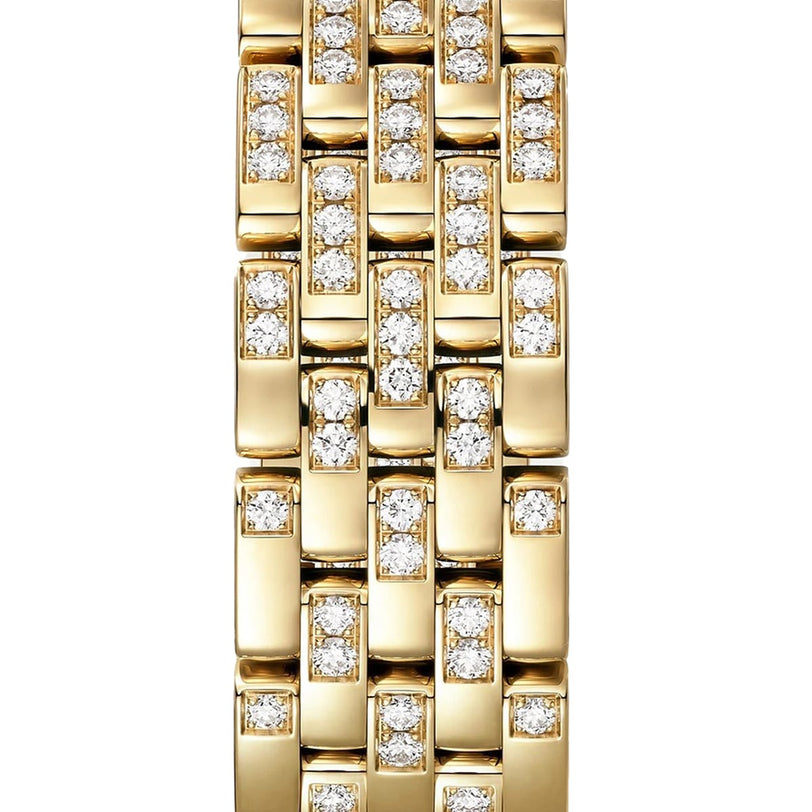 Close-up of the Panthère De Cartier Watch by Cartier, featuring an 18K yellow gold bracelet with rectangular links adorned with round white diamonds in a grid pattern, reflecting the collections signature timeless elegance.
