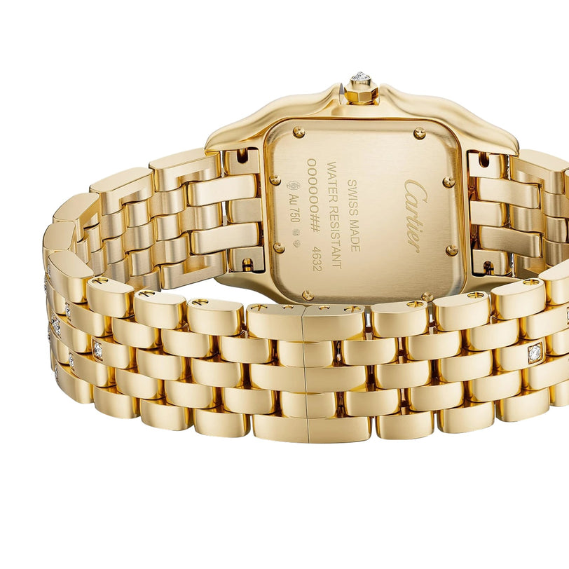 Close-up of the Panthère de Cartier Watch by Cartier, showcasing engraved branding and model details on its 18K yellow gold case, with the signature linked bracelet shining in the light.