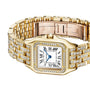The Panthère De Cartier Watch by Cartier, crafted in 18K yellow gold, boasts a diamond-set bezel and bracelet, Roman numeral dial, and blue steel hands, showcased on a white background.