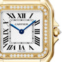Close-up of the Panthère De Cartier Watch by Cartier, featuring a square diamond-set 18K yellow gold bezel, Roman numeral markers, blue hands, and Cartier inscribed on the dial.