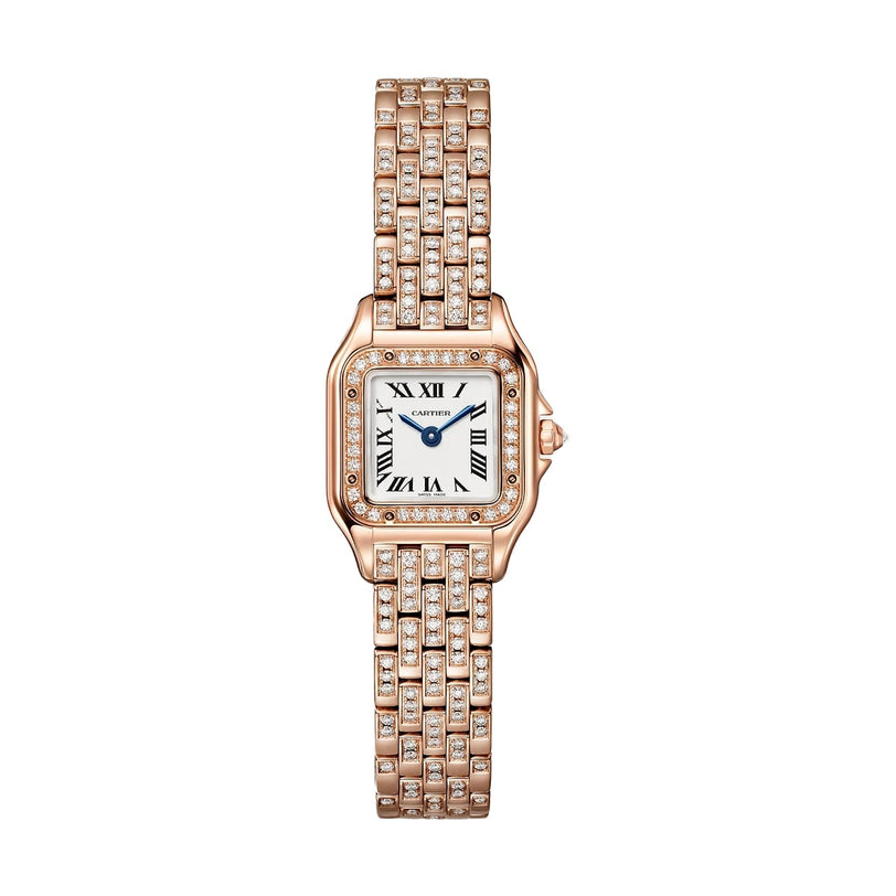 The Panthère De Cartier Watch by Cartier features a rose gold square face, Roman numerals, and a diamond-encrusted bracelet and bezel.