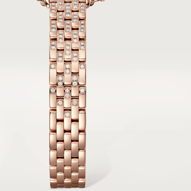 Close-up of the Panthère De Cartier Watch by Cartier, featuring a rose gold bracelet with diamond accents arranged in a rectangular link pattern.