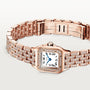 The Panthère De Cartier Watch by Cartier features a rose gold square diamond-studded bezel and Roman numeral dial, showcased on a white background.