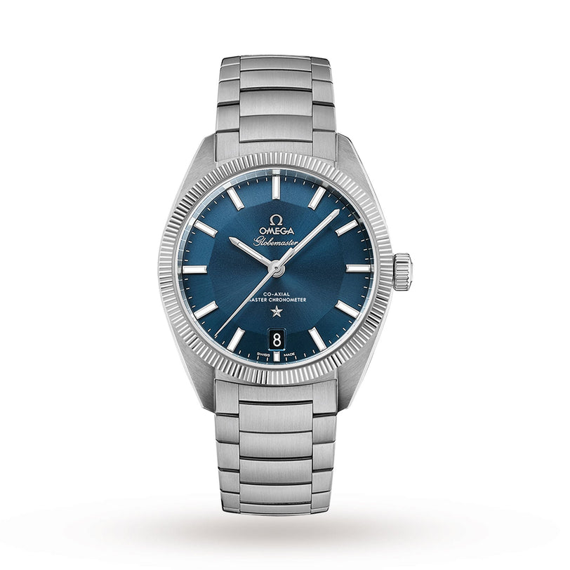 The OMEGA Constellation Globemaster wristwatch features a stainless steel case, blue dial, silver hour markers, date at 6 o’clock, metal link bracelet, and a Master Chronometer movement, displayed on a white background.