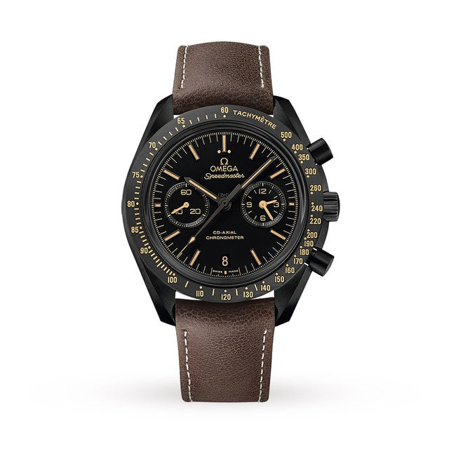 OMEGA Speedmaster Dark Side Of The Moon chronograph with a black dial, gold accents, three subdials, tachymeter bezel, brown leather strap, and 9300 calibre movement—set against a white background.