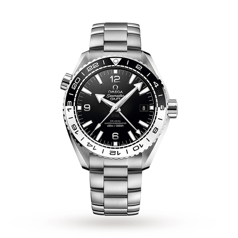 An OMEGA Seamaster Planet Ocean 600M dive watch in stainless steel features a black dial, white markers, date display, and a metal bracelet, displayed against a plain white background.