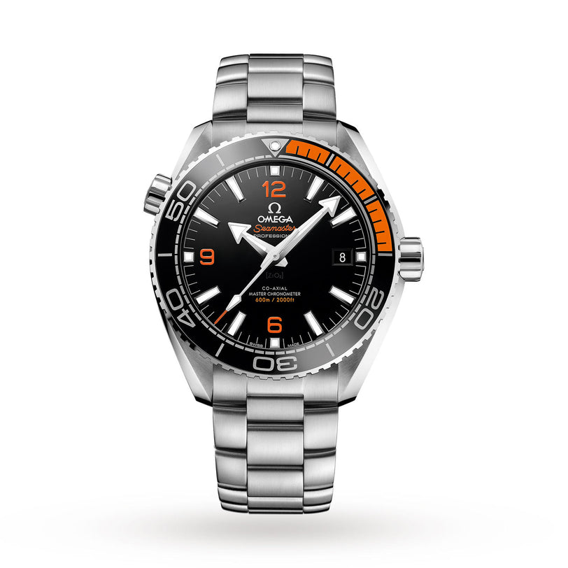 The OMEGA Seamaster Planet Ocean 600M features a stainless steel case, black dial with orange accents, black ceramic unidirectional bezel, date display, and a matching metal bracelet—epitomizing classic Seamaster heritage.