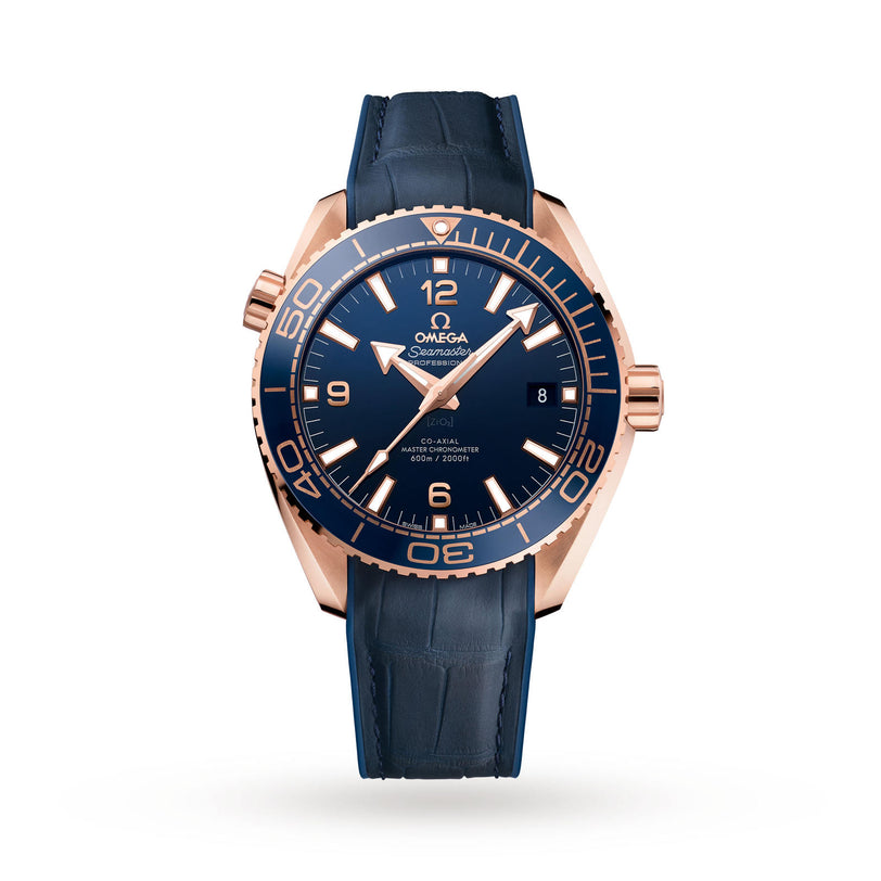 OMEGA Seamaster Planet Ocean 600M wristwatch with blue dial, gold bezel, blue leather strap, and date window at 3 o’clock is displayed on a plain white background.