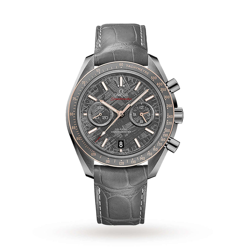 The OMEGA Speedmaster Dark Side of the Moon Meteorite is a grey chronograph wristwatch featuring a lunar dust-inspired textured dial, three subdials, tachymeter bezel, date window, and a grey leather strap.