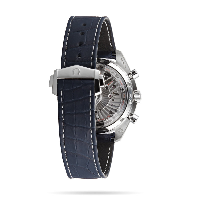 Back view of the OMEGA Speedmaster Moonphase showing its transparent case back, visible movement, stainless steel case, blue leather strap with white stitching and a deployment clasp. Features Master Chronometer certification.