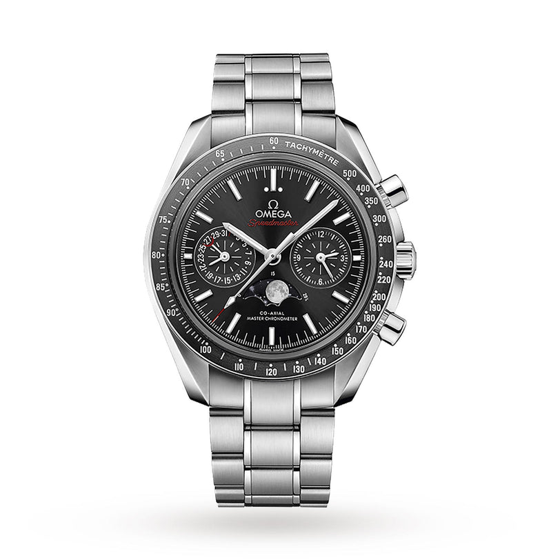 An OMEGA Speedmaster Moonphase wristwatch with a black dial, chronograph subdials, tachymeter bezel, and metal link bracelet is photographed against a white background.