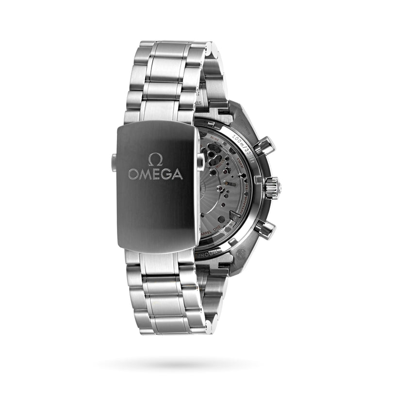 An OMEGA Speedmaster Moonphase wristwatch is pictured from the back, revealing its engraved clasp and a partially visible transparent caseback that showcases the mechanical movement inside.