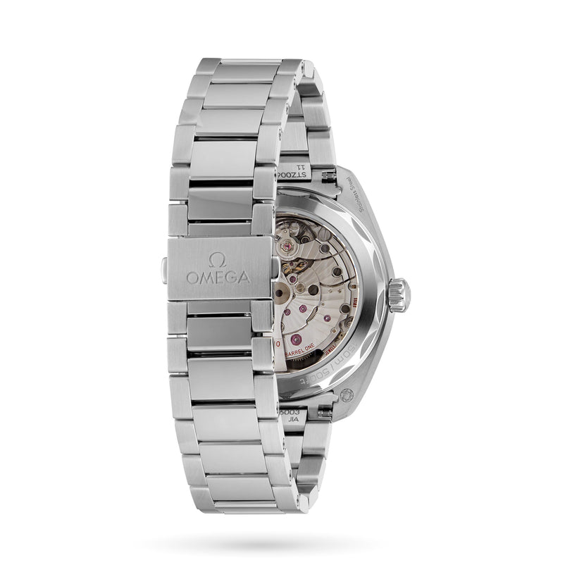 An OMEGA Seamaster Aqua Terra 150M wristwatch shown from the back, displaying its Master Chronometer movement through a transparent case back.