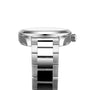 Side view of the OMEGA Seamaster Aqua Terra 150M stainless steel wristwatch with a metal bracelet, displayed against a white background.