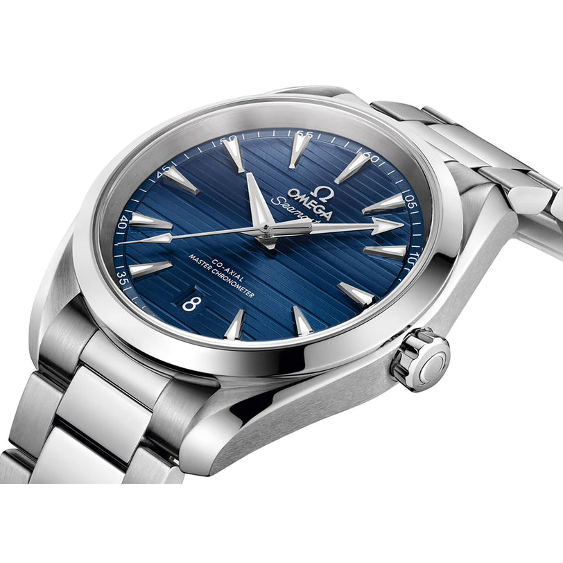 The OMEGA Seamaster Aqua Terra 150M features a stainless steel case, blue patterned dial, silver hour markers, date at 6 oclock, and metal link bracelet—showcasing OMEGA’s rich maritime heritage.