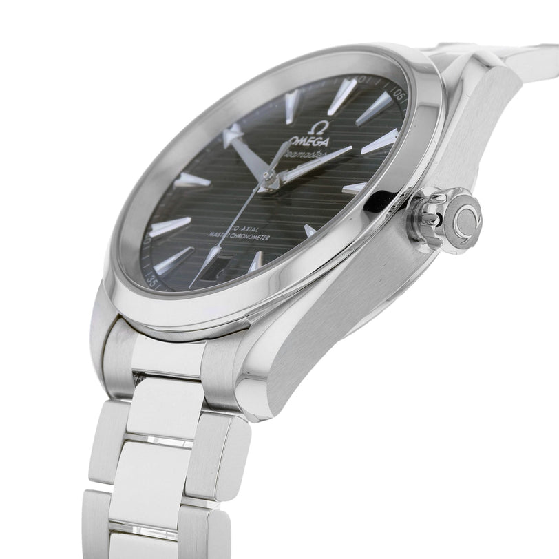 OMEGA Seamaster Aqua Terra 150M wristwatch featuring a black textured dial, metal bracelet, and bold hour markers, shown from an angled view.