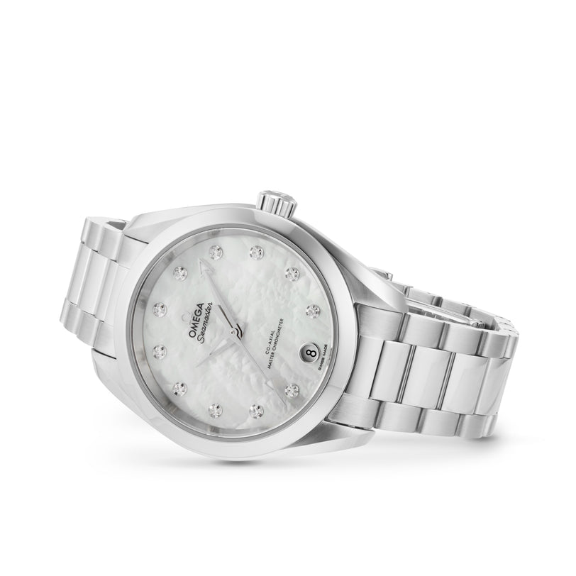 The OMEGA Seamaster Aqua Terra 150M is a silver wristwatch featuring a stainless steel band, mother-of-pearl dial, diamond hour markers, date at 6 o’clock, and is powered by the Master Chronometer 8800 calibre movement.