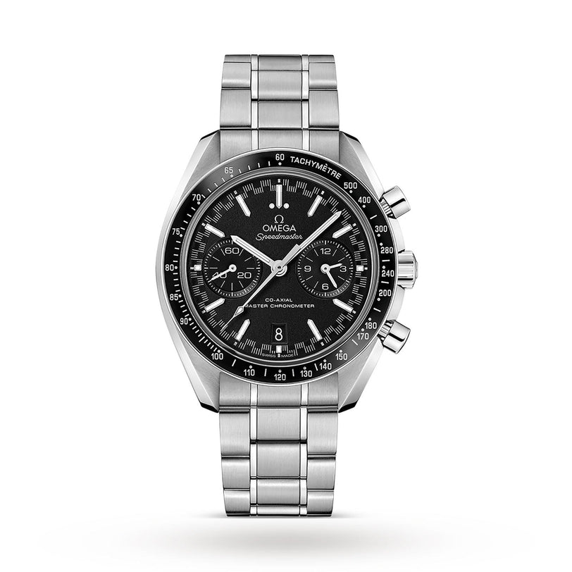 The OMEGA Speedmaster Racing watch features a stainless steel case, black dial with three subdials, a Liquidmetal™ tachymeter bezel, and metal link bracelet, shown on a white background.