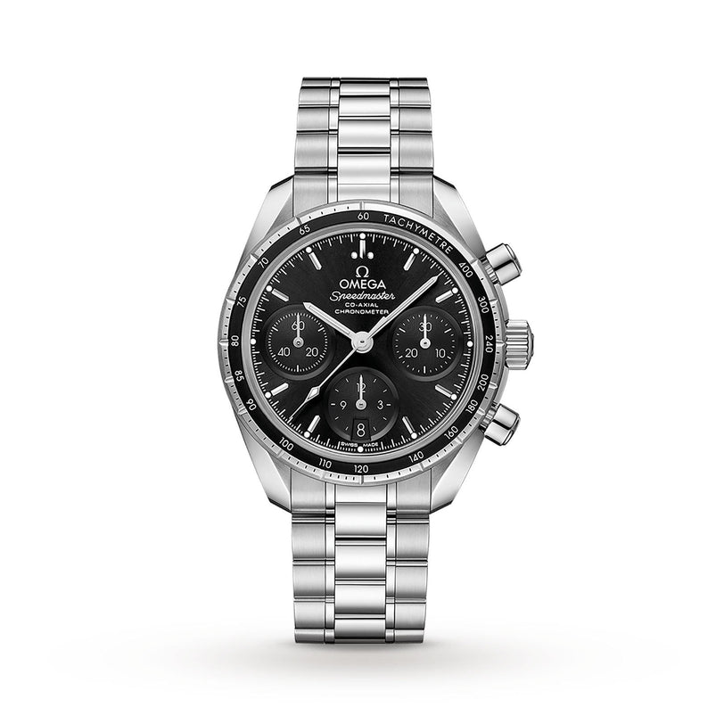 The OMEGA Speedmaster 38 is a stainless steel chronograph with a black dial, three subdials, tachymeter bezel, and metal bracelet, displayed on a white background—showcasing the precision of OMEGA Master Chronometers.