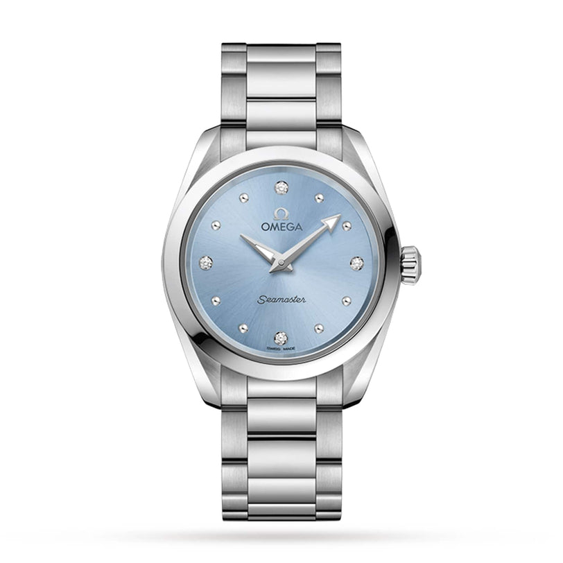 An OMEGA Seamaster Aqua Terra 150M wristwatch with a silver metal link band, light blue dial, and diamond indexes, displayed against a plain white background.