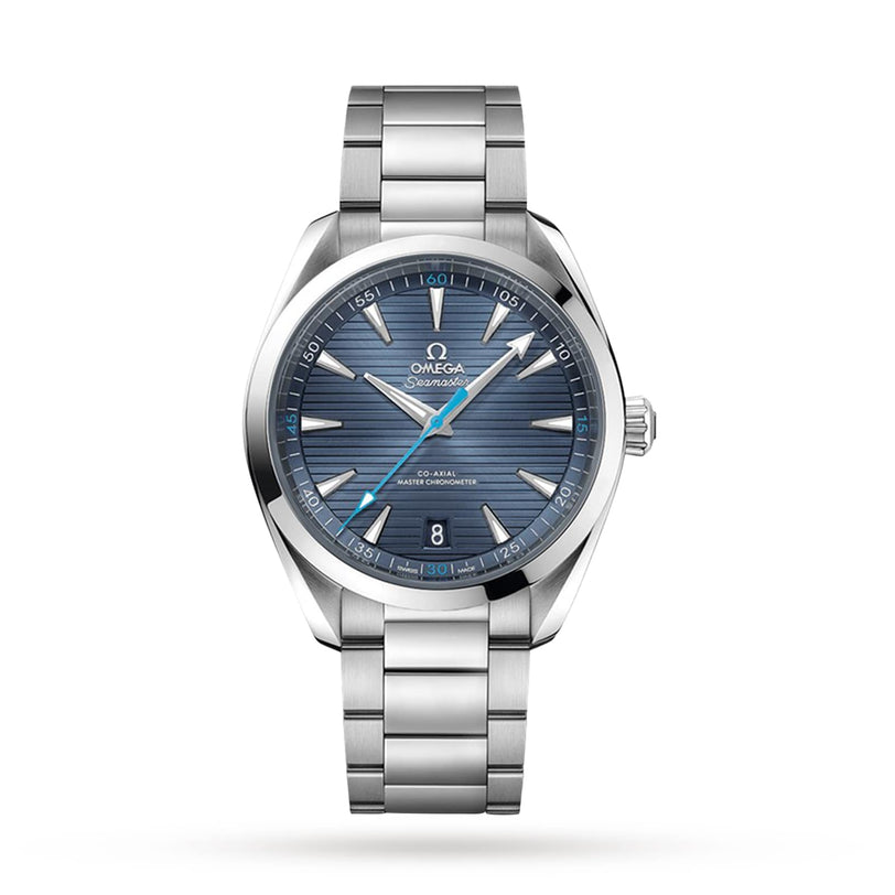 An OMEGA Seamaster Aqua Terra 150M stainless steel wristwatch with a blue patterned dial, silver hour markers, date at 6 o’clock, Master Chronometer certification, and metal bracelet, viewed from the front.