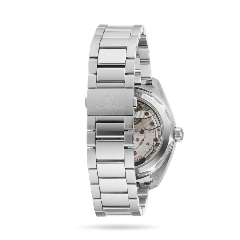 Back view of an OMEGA Seamaster Aqua Terra 150M wristwatch featuring a stainless steel bracelet and transparent caseback displaying the Master Chronometer 8900 calibre movement.