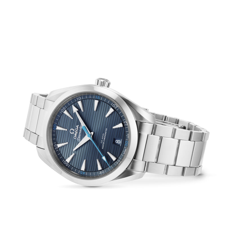 The OMEGA Seamaster Aqua Terra 150M wristwatch features a blue textured dial, silver hour markers, date window, and 8900 calibre movement in stainless steel, shown against a white background.