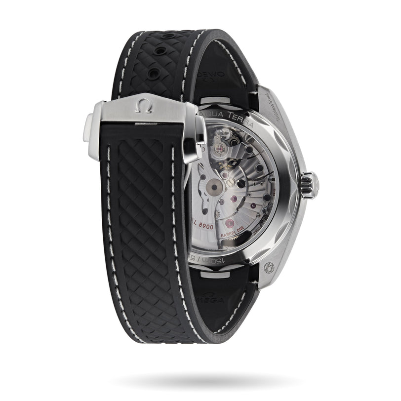 Back view of the OMEGA Seamaster Aqua Terra 150M showcasing its transparent case back, visible Master Chronometer movement, and black textured rubber strap with metal clasp.