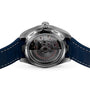 Close-up of the back of an OMEGA Seamaster Aqua Terra 150M, showing its exposed Master Chronometer movement, blue rubber strap, and signature branding.