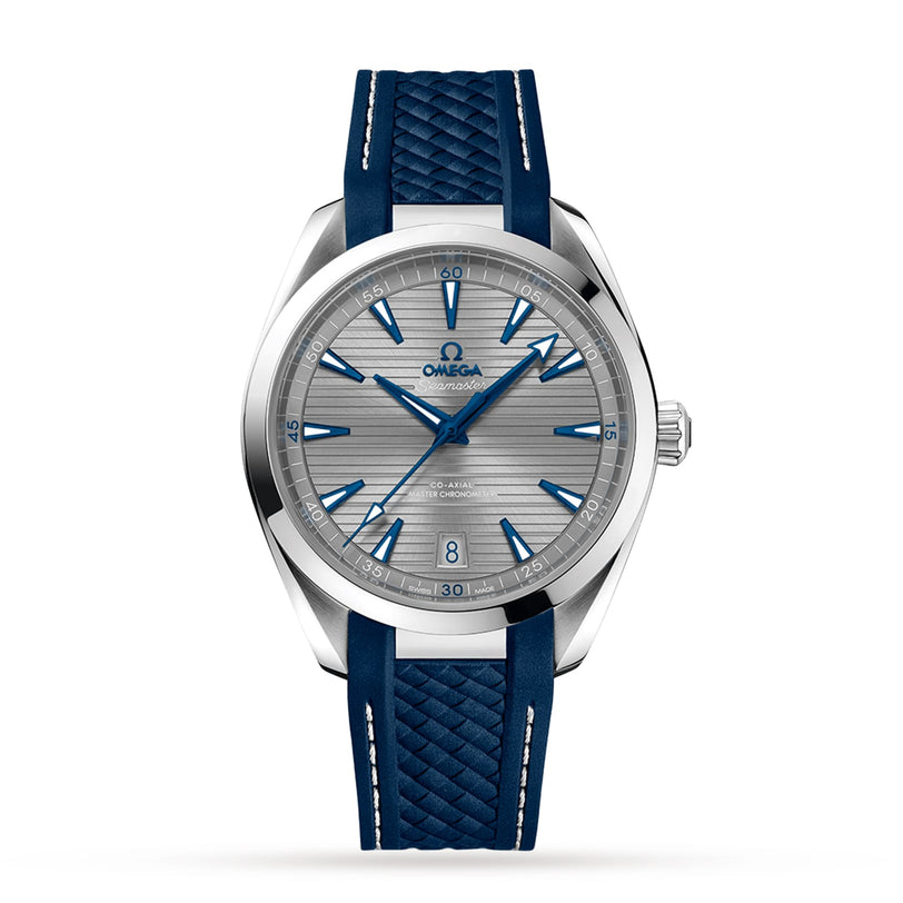 The OMEGA Seamaster Aqua Terra 150M features a silver case, textured grey dial, blue hour markers and hands, date display, and a blue textured strap, photographed on a white background.