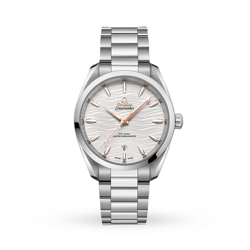 An OMEGA Seamaster Aqua Terra 150M wristwatch with a stainless steel band, white textured dial, rose gold hands and markers, and a date window at 6 o’clock is shown on a white background.