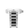 Side view of an OMEGA Seamaster Aqua Terra 150M stainless steel watch with a metal link band and visible winding crown on a white background.