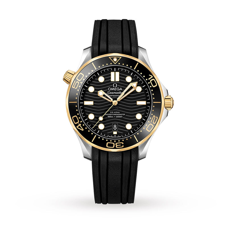 The OMEGA Seamaster Diver 300M features a black and gold bezel, black strap, black wave-pattern dial with white hour markers, date at 6 o’clock, and is powered by the Co-Axial calibre 8800 Master Chronometer. Shown on a white background.