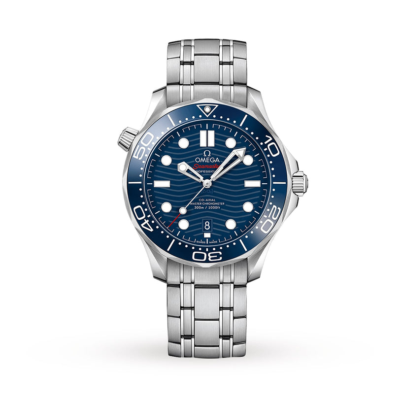 An OMEGA Seamaster Diver 300M in stainless steel with a blue dial, white hour markers, date window at 6 o’clock, a metal bracelet, and Master Chronometer Calibre 8800 is shown on a white background.