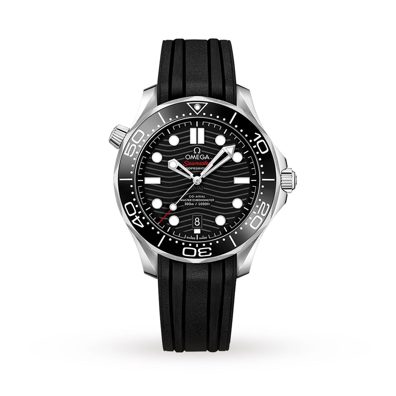 OMEGA Seamaster Diver 300M with black wave-pattern dial, white hour markers, black rotating bezel, and black rubber strap, displayed on a white background. Inspired by the iconic James Bond watch.
