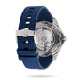 The back of the OMEGA Seamaster Diver 300M displays the Calibre 8800 movement and comes with a blue rubber strap engraved with the Omega logo and Seamaster.