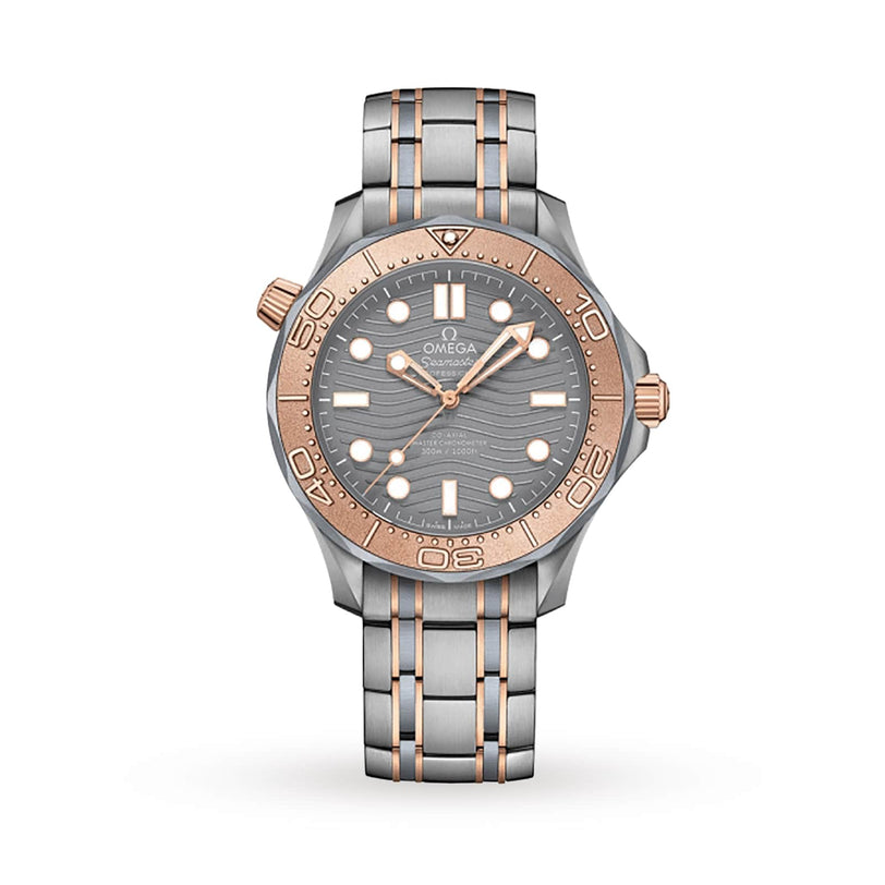 The OMEGA Seamaster Diver 300M is a silver and rose gold wristwatch with a grey dial, round hour markers, metal link bracelet, and features a precise Co-Axial Master Chronometer movement.