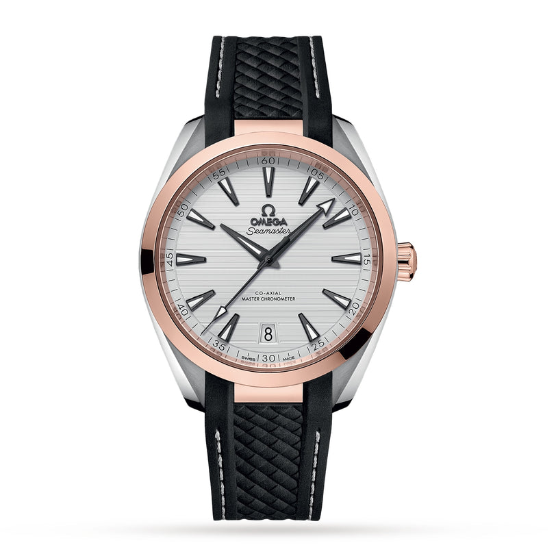 The OMEGA Seamaster Aqua Terra 150M features a silver dial, rose gold bezel, black textured strap, date display at 6 o’clock, and Aqua Terra branding on the face.