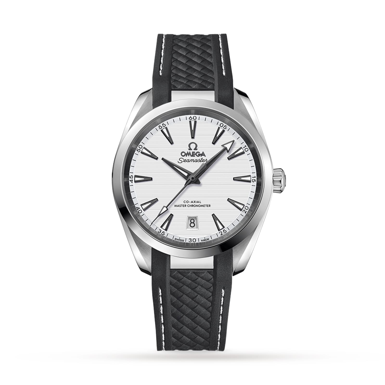 An OMEGA Seamaster Aqua Terra 150M watch with a silver case, white dial, black hour markers, date at 6 o’clock, and a textured black strap on a white background. Inspired by luxury sailboats and Master Chronometer certified.