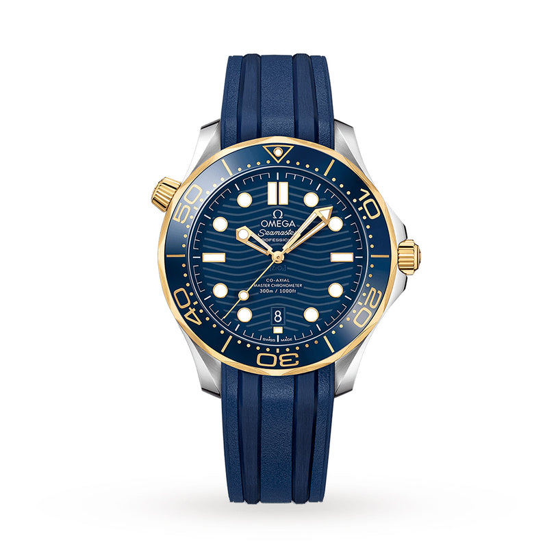 An OMEGA Seamaster Diver 300M with a blue rubber strap, gold bezel, blue wave-patterned dial, and Master Chronometer 8800 movement is displayed on a white background.