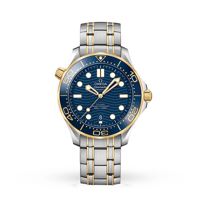 OMEGA Seamaster Diver 300M wristwatch with a blue dial, gold and silver bezel, and gold-accented stainless steel bracelet. Features luminescent markers and hands powered by the OMEGA Calibre 8800 Master Chronometer.
