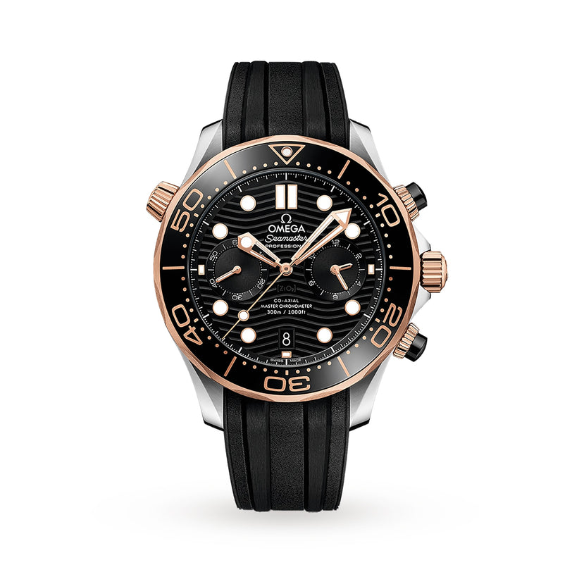 The OMEGA Seamaster Diver 300M, famed as the James Bond watch, boasts a black and rose gold bezel, a black dial with white markers, and a black rubber strap, set elegantly against a white background.