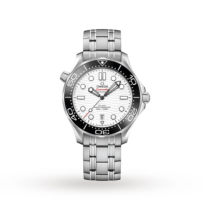 An OMEGA Seamaster Diver 300M silver wristwatch with a white dial, black bezel, and metal bracelet, featuring the OMEGA Calibre 8800, is shown against a plain white background.