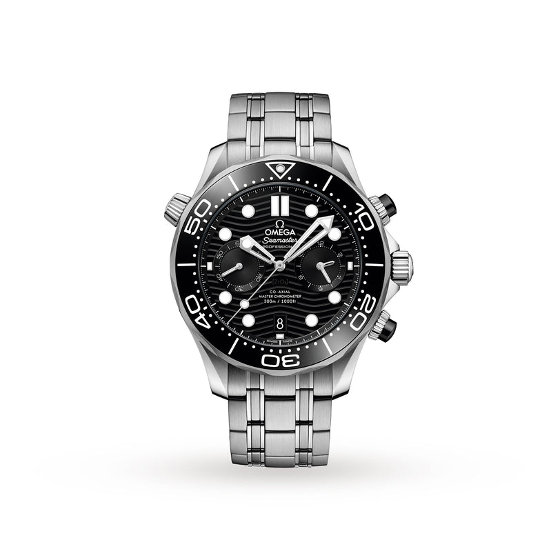 An OMEGA Seamaster Diver 300M with a stainless steel case, black dial, white markers, silver hands, and metal bracelet is shown on a white background.