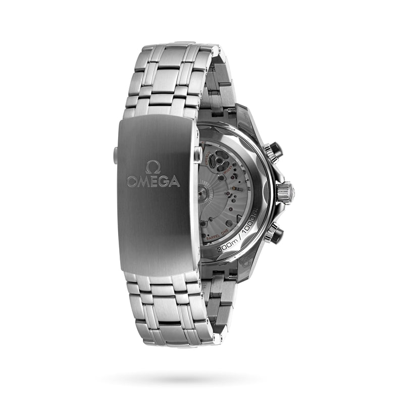 The OMEGA Seamaster Diver 300M, crafted in stainless steel, is shown from the back with its metal bracelet and transparent case back displaying the detailed watch movement.