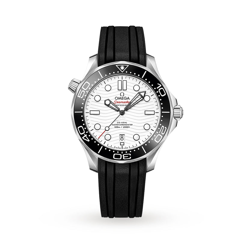 The OMEGA Seamaster Diver 300M features a white dial, black ceramic bezel, and black rubber strap, powered by the OMEGA Calibre 8800. Shown on a plain white background.