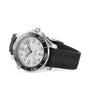 An OMEGA Seamaster Diver 300M wristwatch is shown angled on a white background, featuring a silver case, black ceramic bezel, white dial, and black rubber strap. It is powered by the precise OMEGA Calibre 8800 movement.