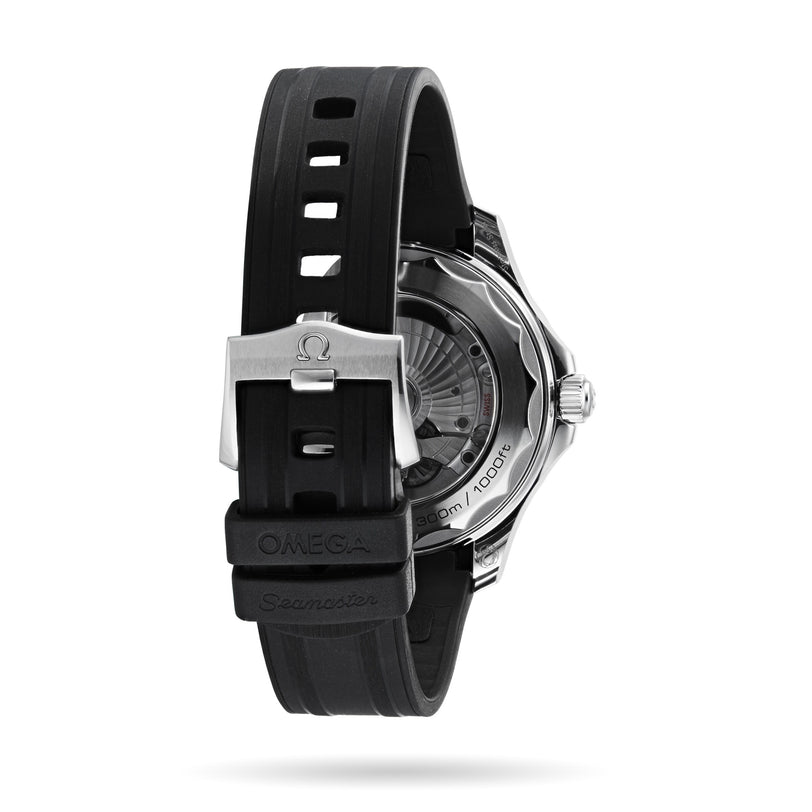Back view of the OMEGA Seamaster Diver 300M, featuring a black rubber strap, metal buckle with OMEGA logo, stainless steel case, black ceramic bezel, and powered by the precise OMEGA Calibre 8800 movement.